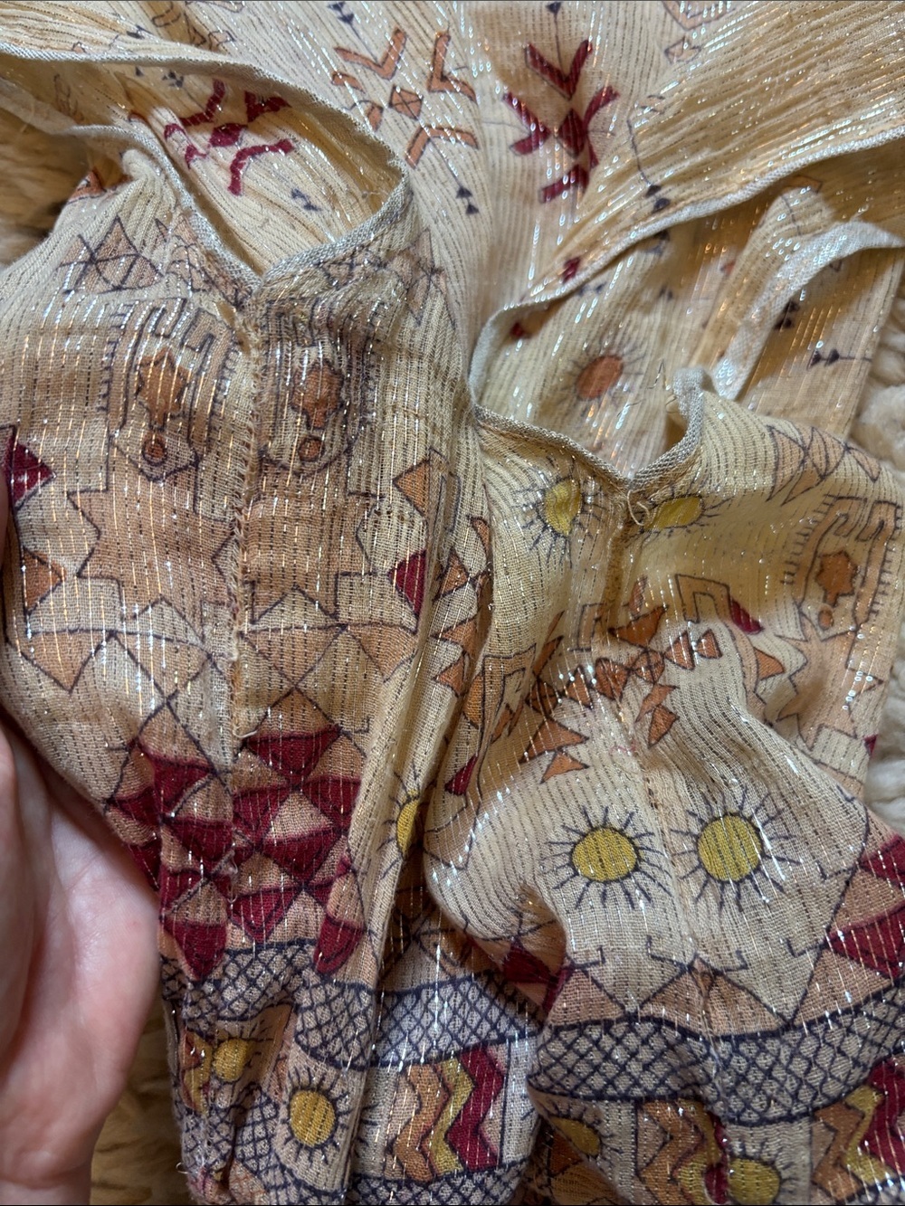 Embroidered Cream Boho Sleeveless Blouse with Red & Yellow Motif - Picture 13 of 16